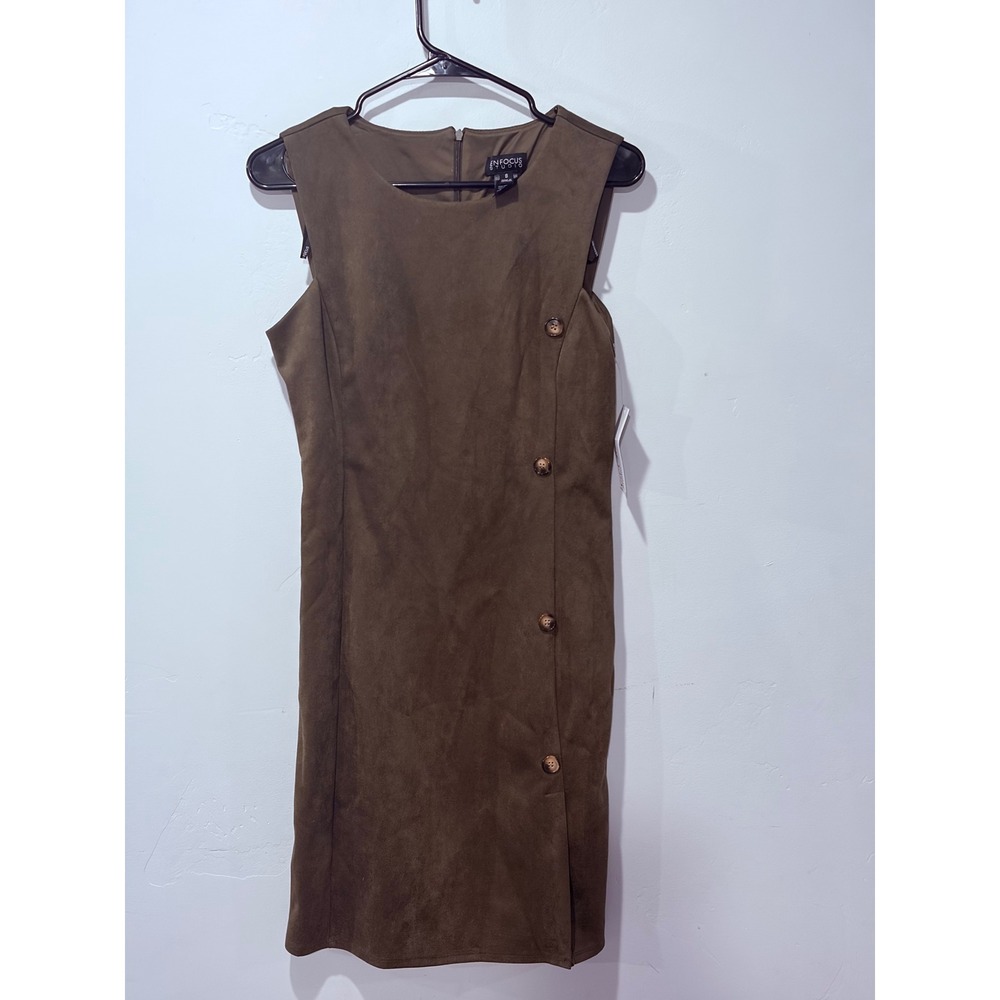 Enfocus Studio Olive Green Faux Suede Sleeveless Side Button Sheath Dress Size 8